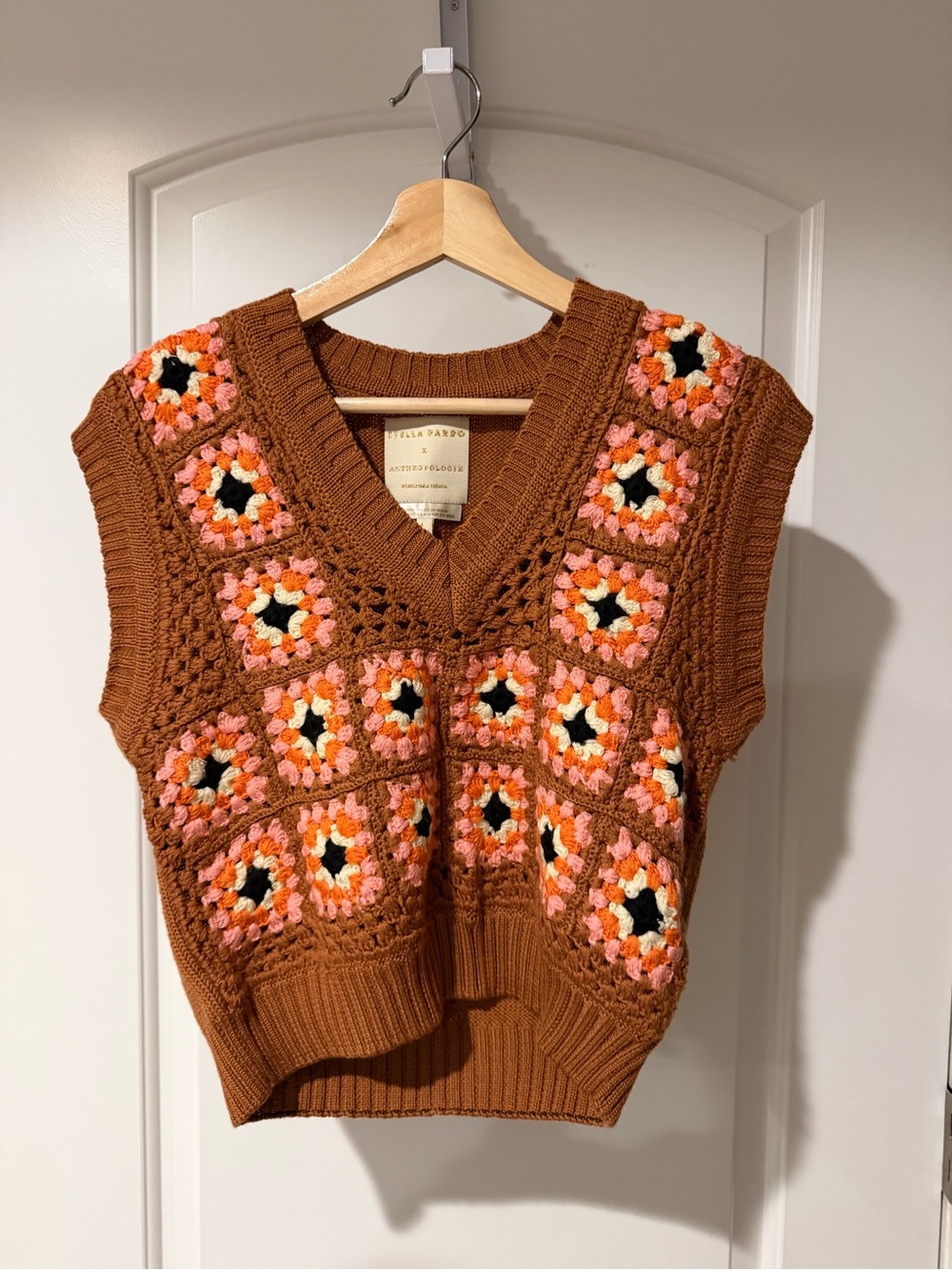 Stella Pardo x Anthropologie  Brown Crochet Knit V-Neck Sweater Vest